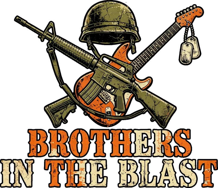 Brothers in the Blast logo: a combat helmet above a crossed rifle and orange electric guitar with dog tags hanging from the headstock