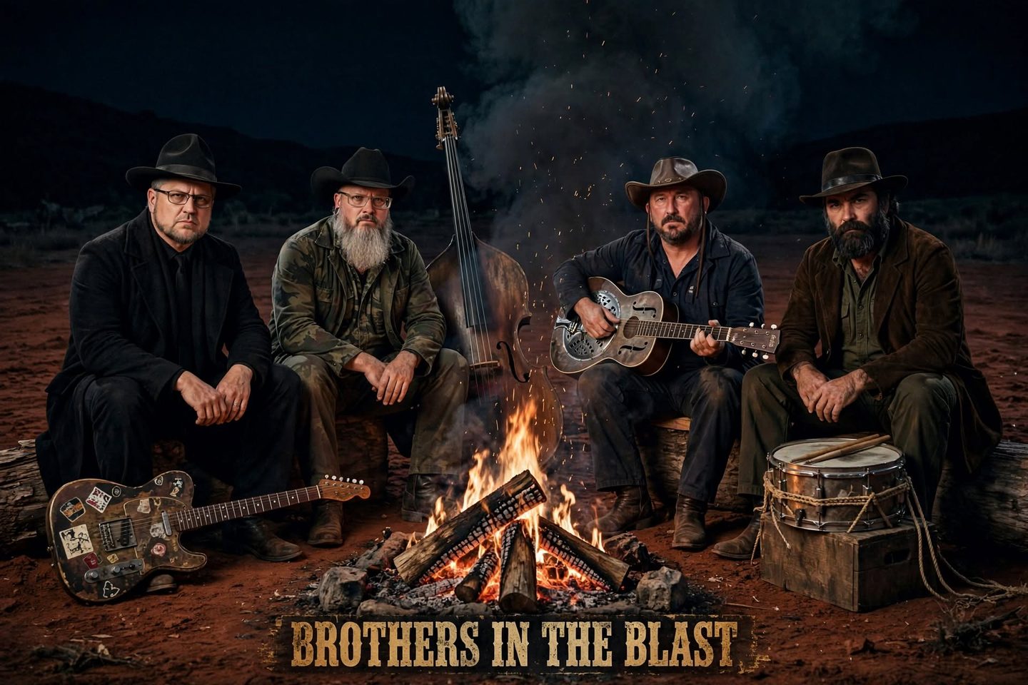 Brothers in the Blast: four men in hats seated around a campfire at night with an upright bass, a resonator guitar, an electric guitar and a snare drum